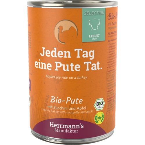 48er-SET Bio Pute mit Apfel Salat Topi Zucchini Sellerie Leinöl 400g Hund Nassfutter Herrmann