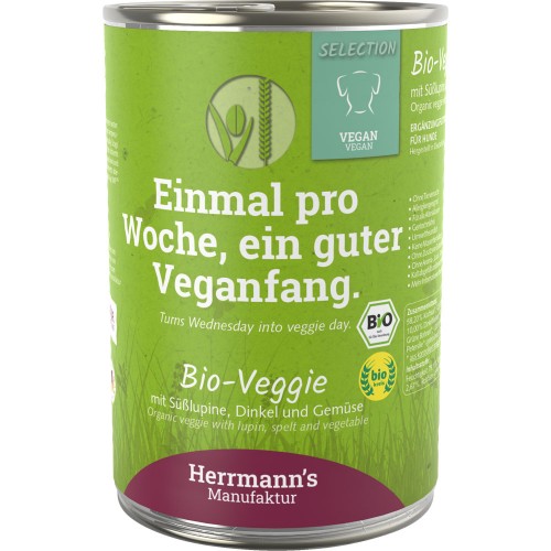 48er-SET Bio Vegan Dinkel Karotten grüne Bohne und Petersilie 400g Hund Nassfutter Herrmann
